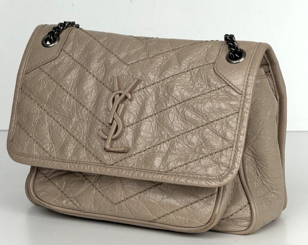 Saint Laurent Signature Niki Bag Small Light Taupe Crinkled Calfskin Leather S09